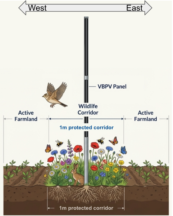Diagram showing 1m protected wildlife corridor beneath VBPV panel with wildflowers, bees, butterflies and rabbit — active farmland on both sides